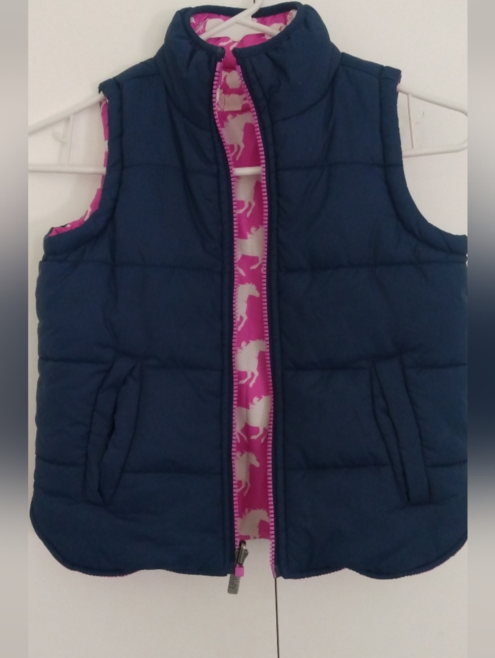 Girls Navy Puffer Vest with Pink Horse Print Lining
